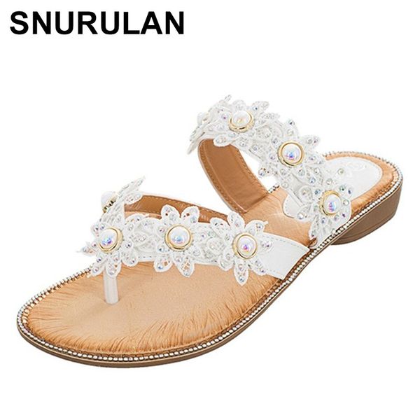 

snurulan2020summer women ladies bohemia flower crystal flat sandals beach peep toe shoes comfortable rome style woman low heel, Black