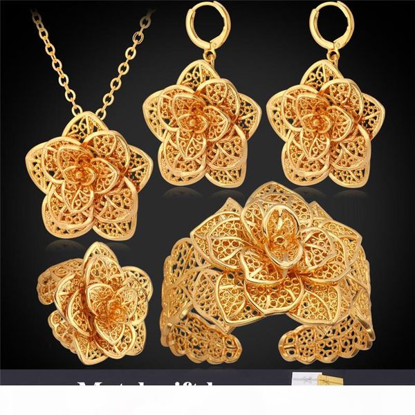 

women cuff bracelets 18k gold platinum plated hollow flowers earrings rings necklaces vintage african jewelry sets, Black
