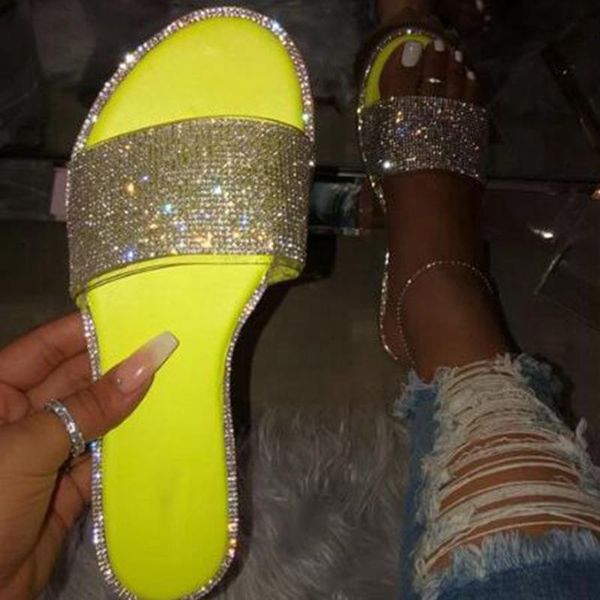 

dihope new flat slippers diamond decoration beach shoes 2020 summer wild shoes ladies slides rhinestone glitter slippers, Black
