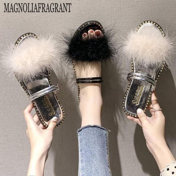 

fur slides women ostrich home slippers with feathers female sweet sandals beach shoes summer fashion flip flops women hy777, Black