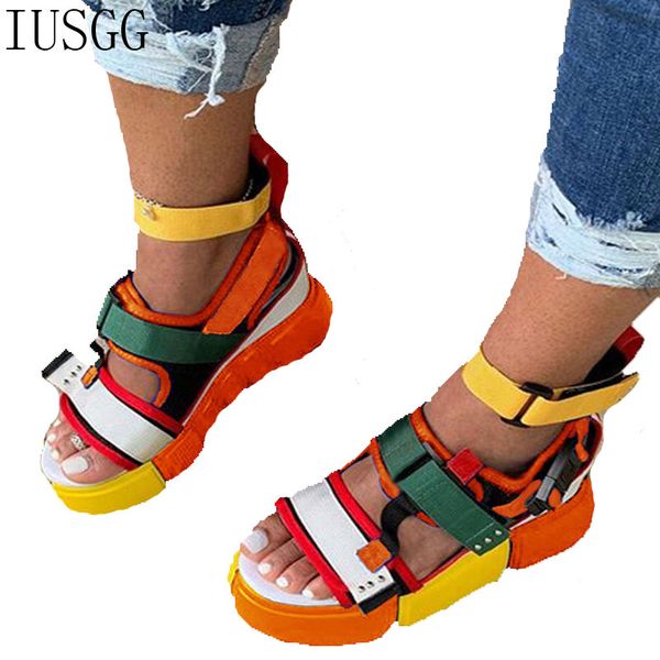 

hit color wedge high heels shoes high platform sandals hook&loop summer zapatos mujer gladiator lady sandals plus size stitching, Black
