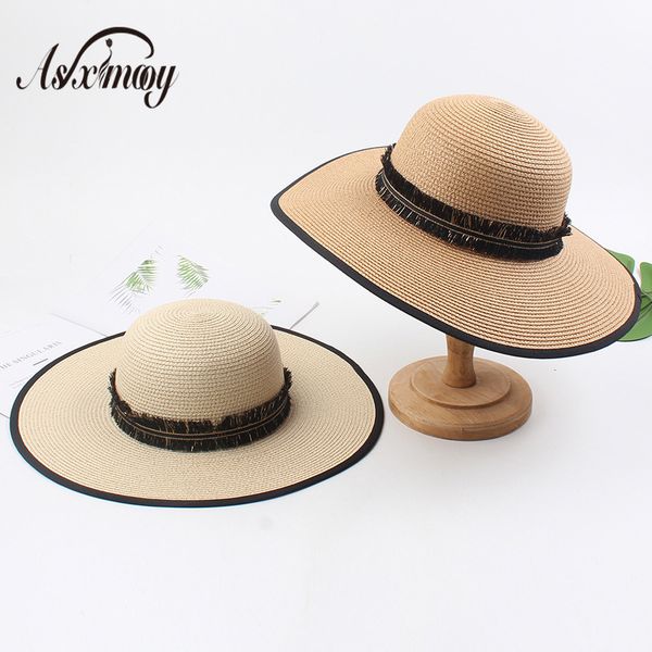 

summer straw hat women large wide brim visor beach sun hat female chapeau paille fedora foldable panama hats for women caps, Blue;gray