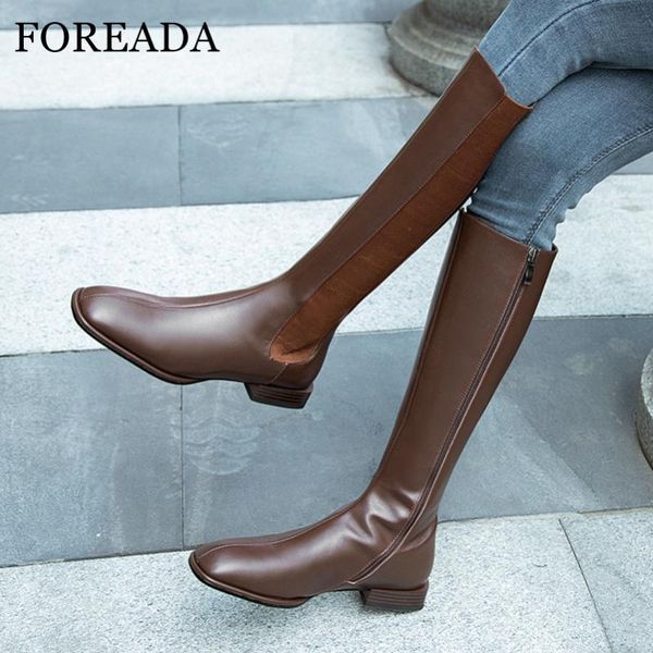 

foreada real leather riding boots woman low heel knee high boots thick heel shoes zip square toe long female brown size 40, Black