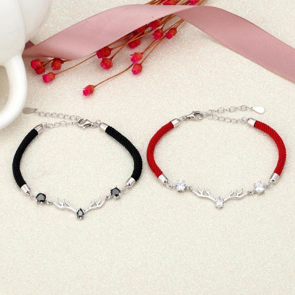 

s925 sterling silver one deer has you couple bracelet personality korean version of men and women simple elk horn rope silver wholesale, Black