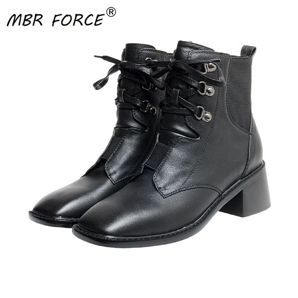 

mbr force cowhide platform fashion squre toe lace up all-match breathable women ladies simple casual boots black brown girls