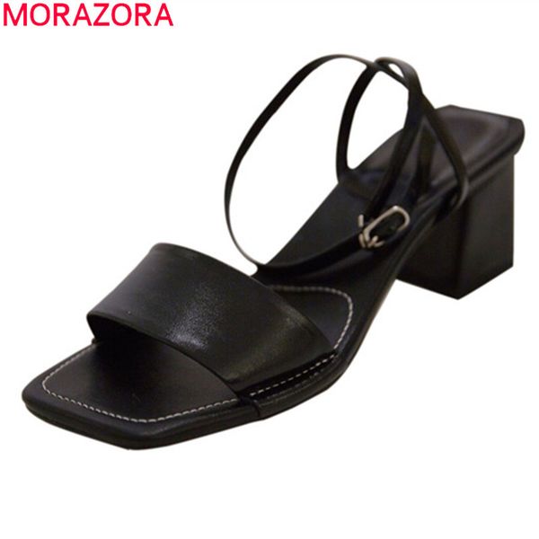 

morazora 2020 new women sandals genuine leather buckle simple party shoes thick heels square toe women pumps 0922, Black