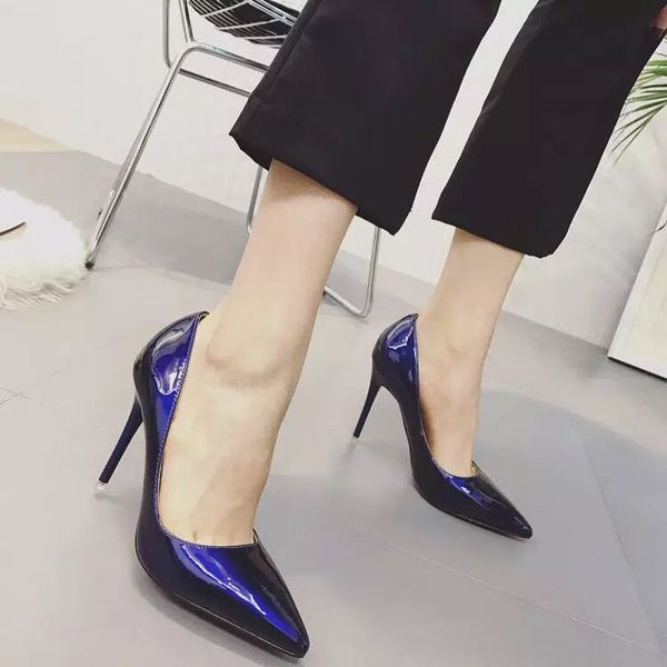 

nude color thin heeled high heels pointed black work shoes women patent leather blue large size shoes apricot bridesmaid