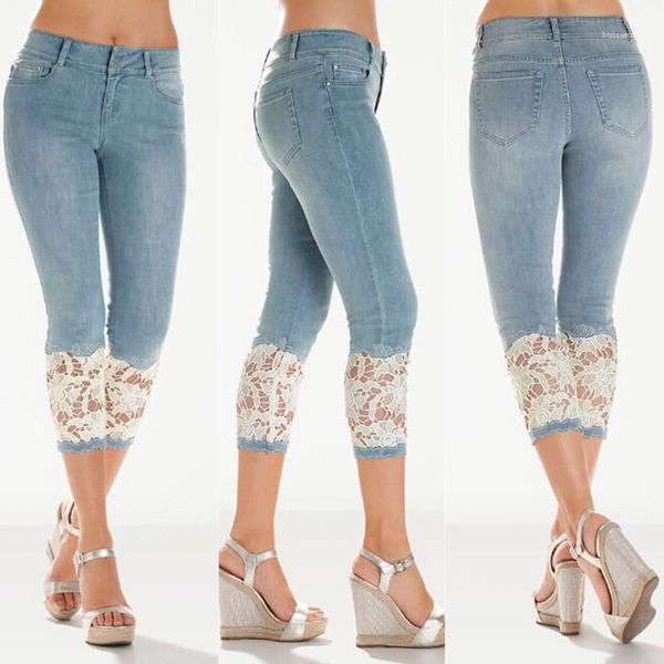 

designer capris ladies jeans fashion solid color blue trousers lace slim womens jeans fashoin skinny
