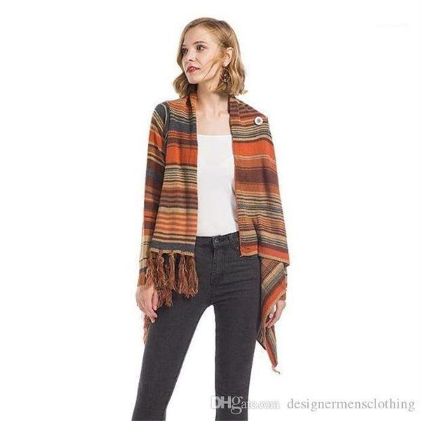 

cardigan coat long sleeve sweater womens new designer knitting coat winter striped tassel sweater with button, White;black