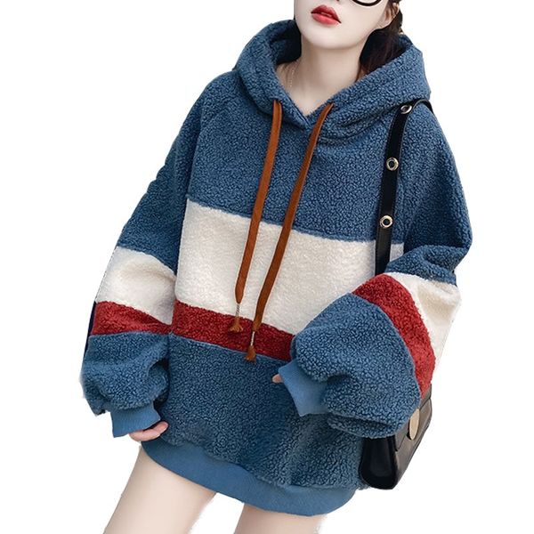 

stripes stitching personality contrast color loose women pullover winter explosion models plus velvet thick ladies hoodie, Black