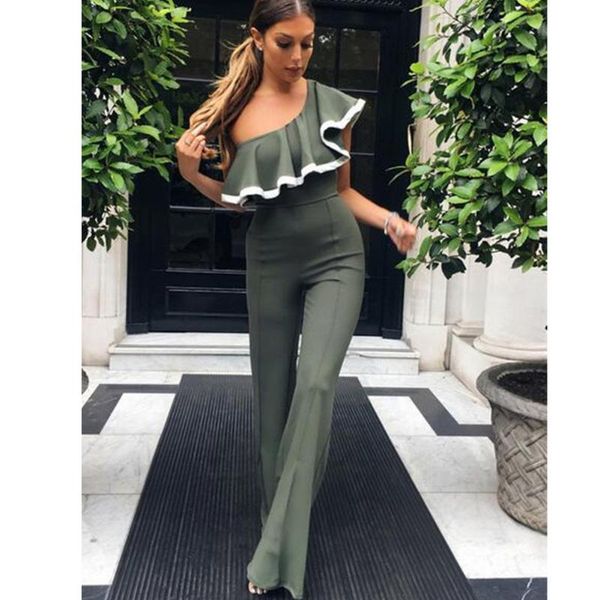 

new summer women single shoulder falbala collar high waist loose pants trousers jumpsuit suit slim fit coveralls, Black;white