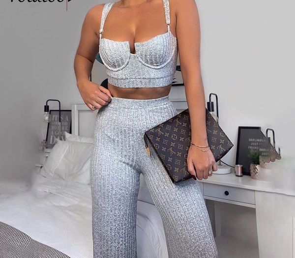 

two piece set crop and high waist wide leg pants suit women autumn winter knitted matching sets club outfits, Gray