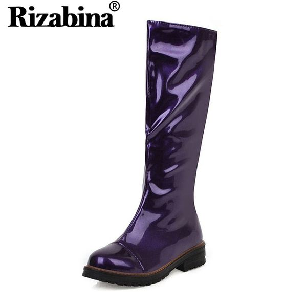 

boots rizabina fashion women knee high 5 color patent leather winter warm shoes round toe solid footwear size 34-43, Black