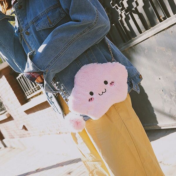 

cute cloud candy color flannel shoulder bags for girls hair ball decorate pink white black grey messenger bags winter sell
