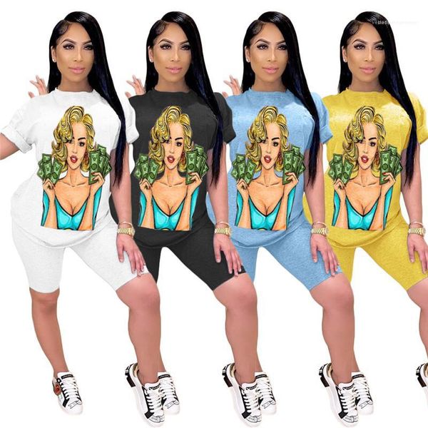

color fashion suits short sleeve knee length pants women clothes cartoon print womens designer tracksuits natural, Gray