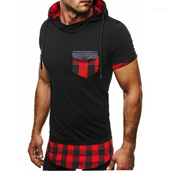 

pockets slim short sleeved pullover tshirts casual fashion men plaid panelled mens designer tshirts hooded zipper, White;black