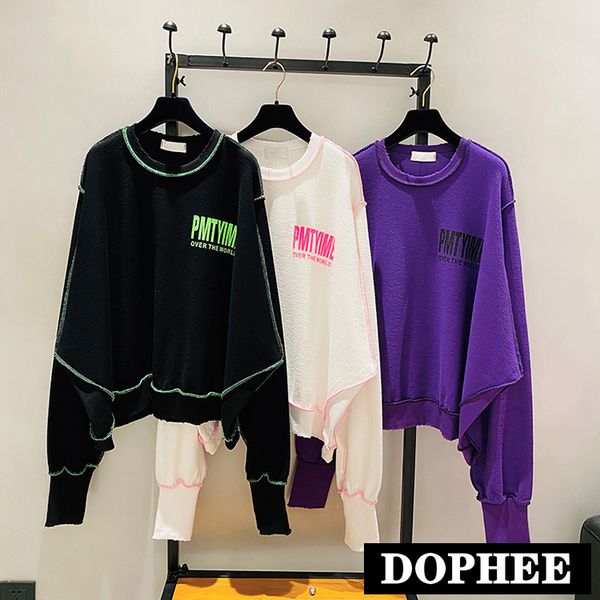 

new spring fall simple letter hoody female oversize pullover coat large size women long sleeve bat sweatshirt short hoodies, Black