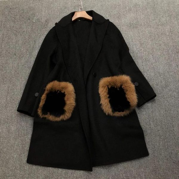 

women's wool & blends 2021 blend black warm women jacket long coat winter