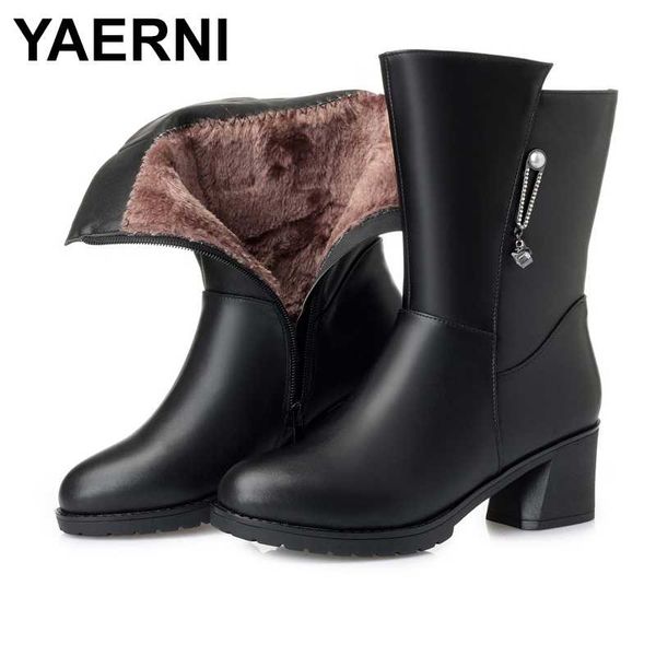 

yaerni winter boots women boots 2020 large size square heel plus plush / wool warm snow genuine leather, Black