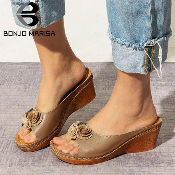 

bonjomarisa new retro female wedges elegant platform flowers slippers women comfy slip-on heeled summer shoes woman, Black