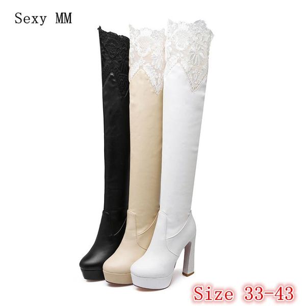 

spring autumn leather women over the knee boots platform high heel woman thigh high boots plus size 33 - 40 41 42 43, Black