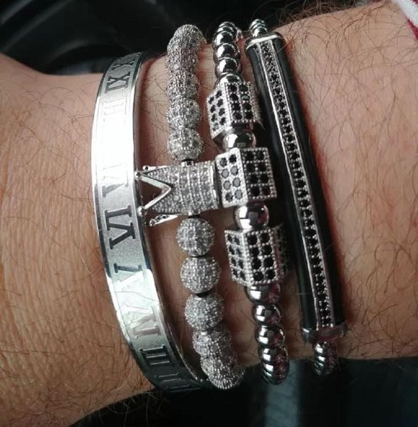 

4pcs/set gold hip hop hand made bead bracelet men copper pave cz zircon crown roman numeral bracelets & bangles003, Golden;silver