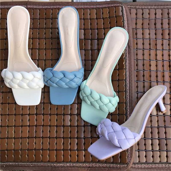 

новая мода плетение тапочки женщины элегантный тонкий каблук sandal 2020 летний пляж вьетнамки женщины площади toe слайды большой size41, Black