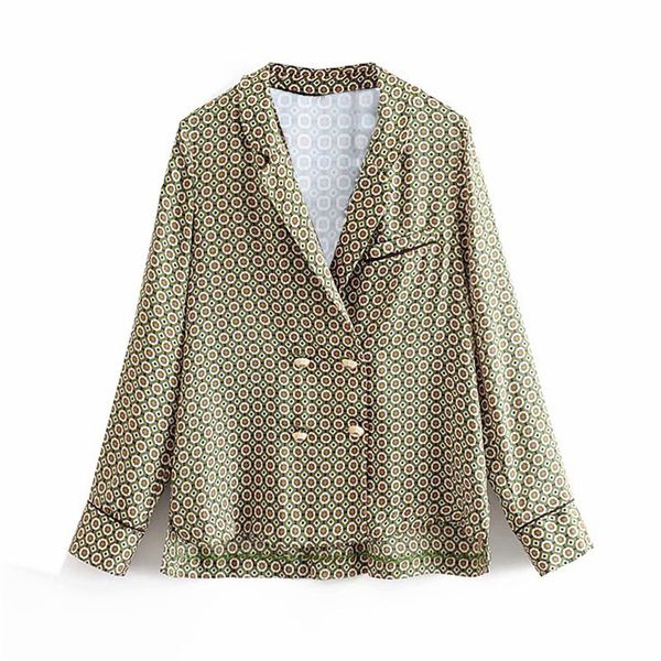 

women chic double breasted geometric print blouse diamond button long sleeve pajames style shirts female causal blusas, White