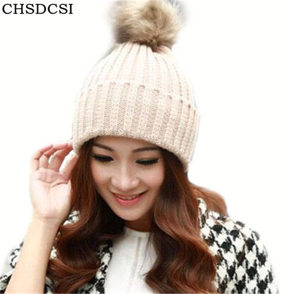 

chsdcsi knitting wool capcasual beanies women crochet fur pompons ball warm gorros outdoor cap brand thick female winter hats, Blue;gray