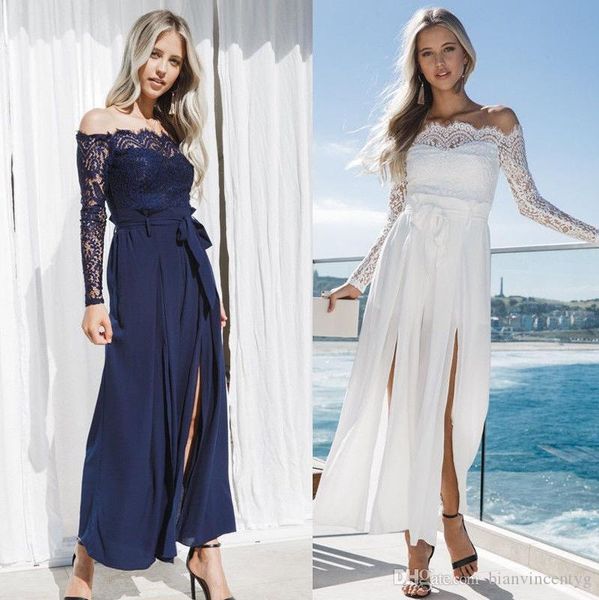 

summer jumpsuit off shoulder long sleeve workwear bodysuit lace patchwork loose pants style wide leg rompers women outfits hollow dress, Black;white