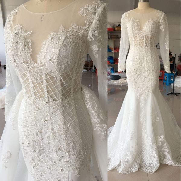 

real image luxury real image mermaid wedding dresses jewel neck lace appliques crystal long sleeves detachable train overskirts bridal gowns, White