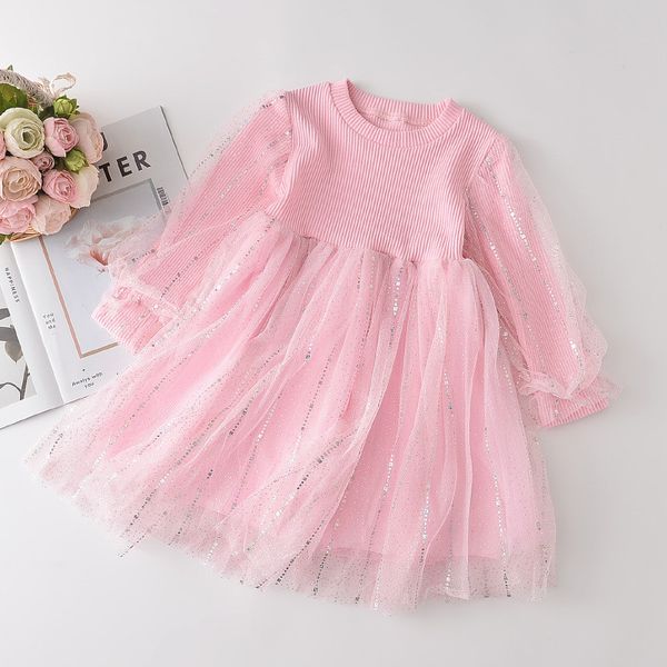 

2020 autumn knitted girls woolen dress two-piece mesh skirt set girls knitwear dress, White