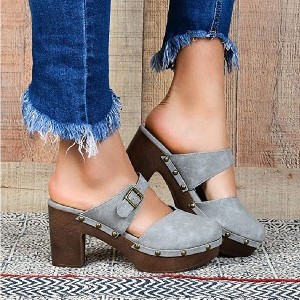 

summer high heels women slippers platform ladies mules shoes round toe casual sandals buckle strap vintage pumps female slides, Black