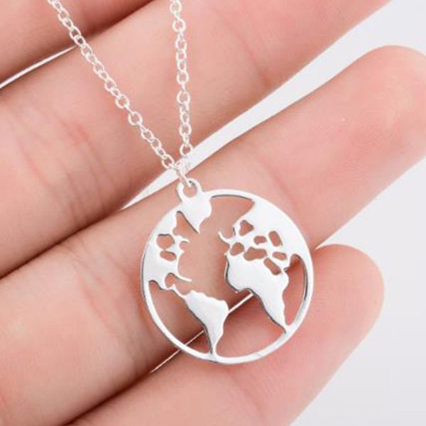 

2020 stainless steel world map pendant necklace women silver color round circle necklace female party gift