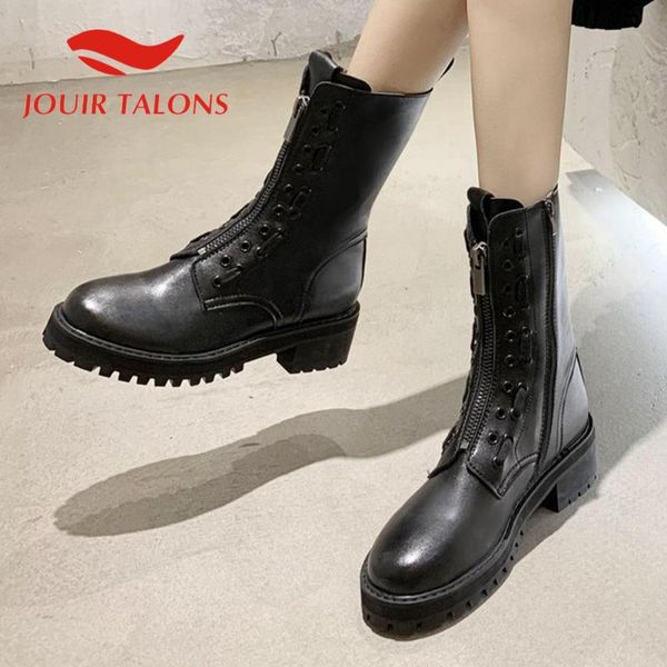 

jouir talons 2020 mid-calf boots round toe thick square heels classics zipper women shoes, Black