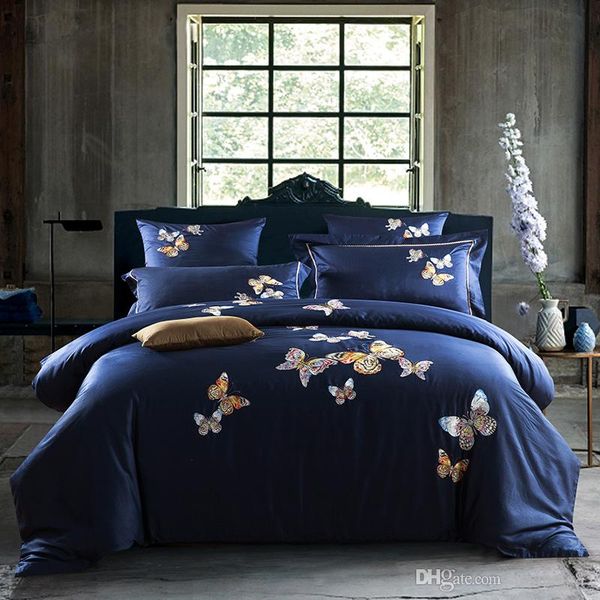 

butterfly embroidery royal bedding set king  size egyptian cotton bed set duvet cover bed sheet pillowcases home decorative