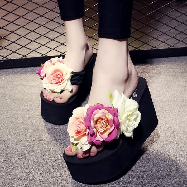 

summer women slippers 2020 flower wedges slippers women shoes bohemian slides beach platform shoes, Black