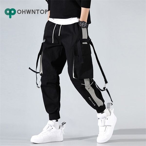 

men cargo harem jogger pants men hip hop fashion casual track trousers streetwear harajuku hipster ribbon pockets sweatpants men, Black