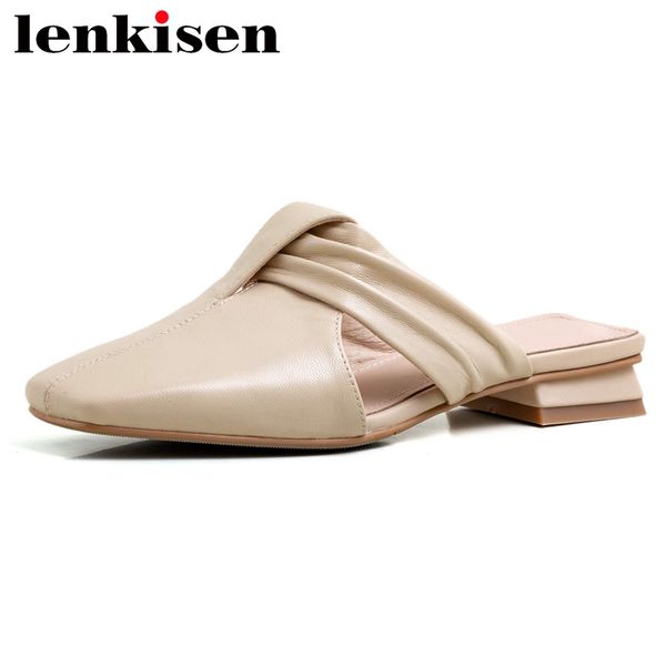

lenkisen summer handmade outside slipper cow leather square toe low heel simple style women slip on brand shoes l29, Black