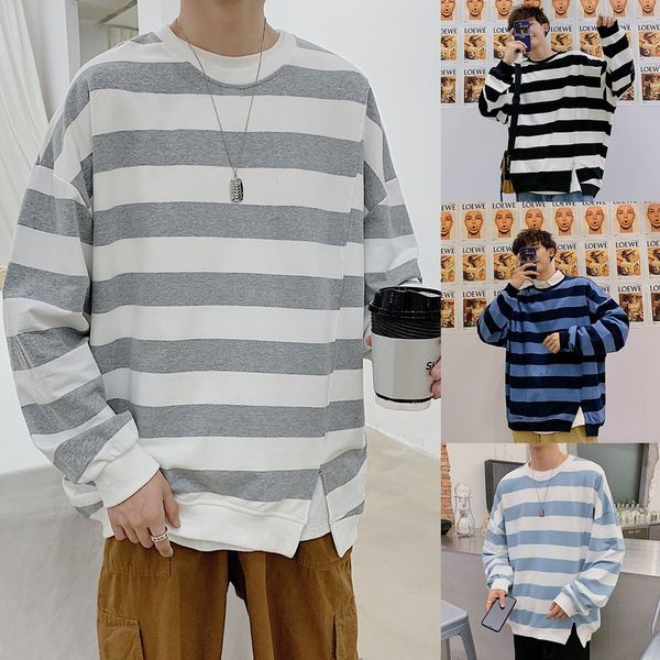 

spring and autumn crewneck stripe wear men's loose long sleeve trend kg-25, Black
