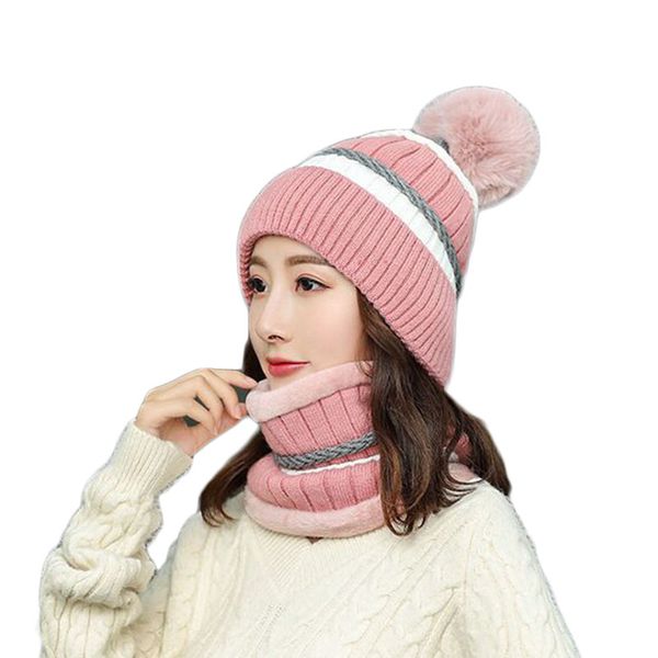 

girl hat ski pompons fur ball hat knitted beanie hats scarf riding set winter women thick skullies cap female, Blue;gray
