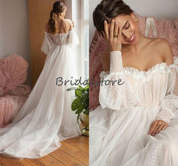 

off the shoulder puff sleeve boho wedding dresses dot tulle long sleeve beach wedding dress 2020 full length bohemian bridal gowns, White