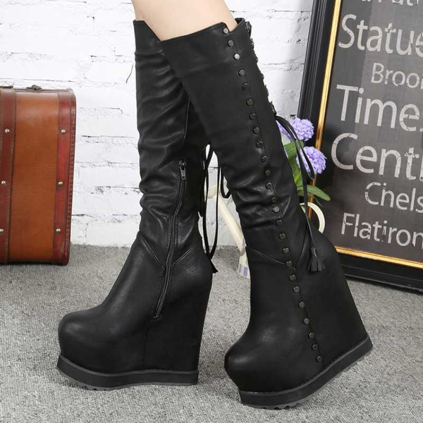 

boots wedges thick bottom knee-high fashion high tube within increased rivet 15cm womens stovepipe, Black