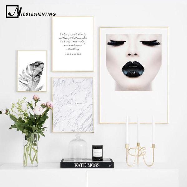

fashion girl feather canvas poster nordic style wall art print painting beauty quotes decorative picture modern home decoration