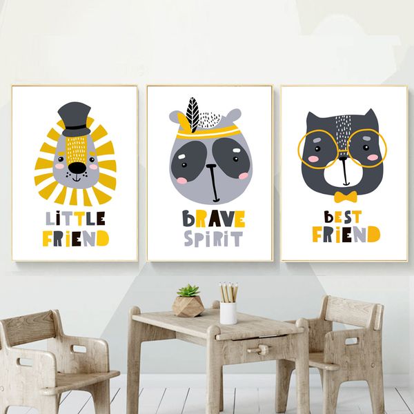 

cartoon lion panda bear feather quotes wall art canvas painting nordic posters and prints animal wall pictures kids room decor