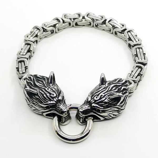 

2020 new viking wolf bracelet stainless steel double wolf head titanium steel emperor chain bracelet chain 21cm viking jewelry, Black