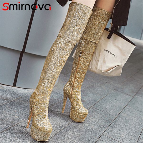 

boots smirnova 2021 arrival women's over the knee round toe super high heels platform shoes wholesale fashion, Black