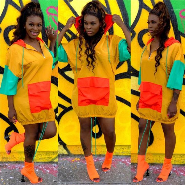 

пакет contrast color designer casual женские платья сыпучие drawstring с капюшоном платье дамы моды щитовые одежда с, Black;gray