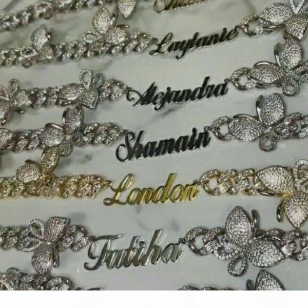 

custom name 9mm butterfly cuban link chain namplate pink butterflys choker cz punk miami link bling bling hip hop jewelry for gift, Golden;silver