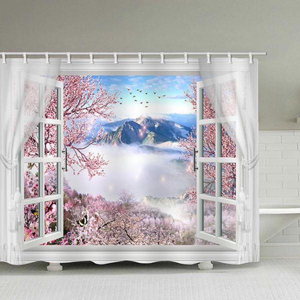 

3d waterproof fabric polyester shower curtains set romantic cherry blossoms misty mountain bathroom decoration bath screen